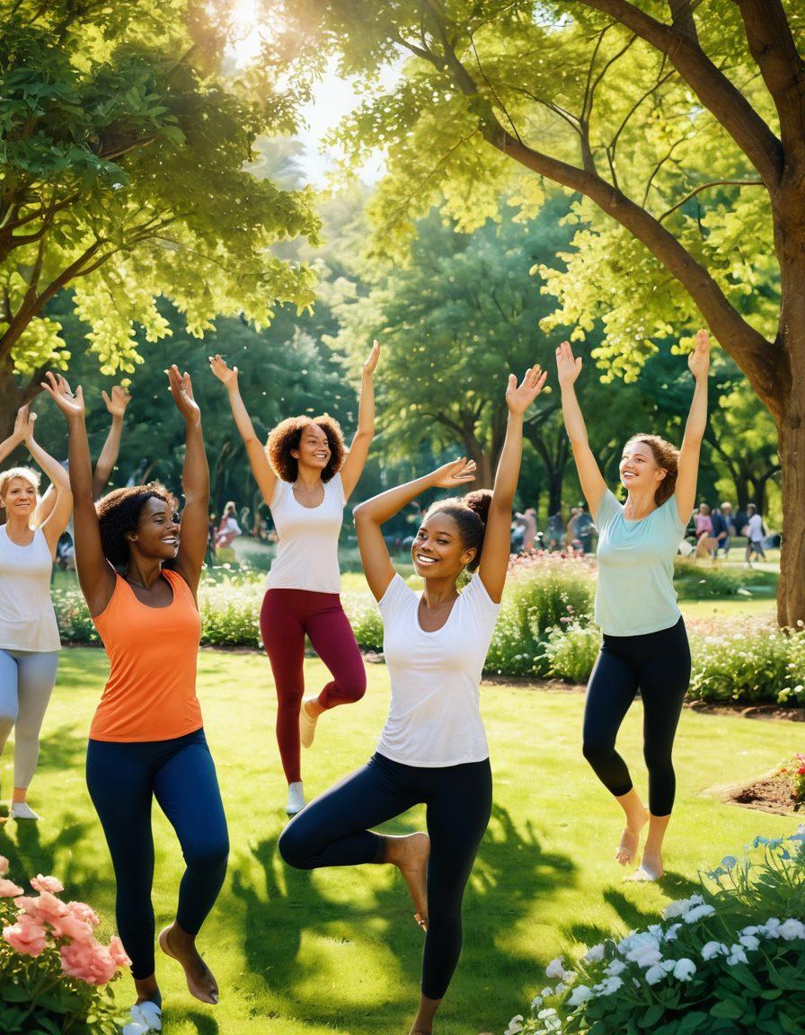 An uplifting scene depicting a diverse group of people engaging in joyful activities in a sunny park, surrounded by blooming flowers and greenery. Include elements of movement, such as a person dancing or yoga poses, symbolizing wellness and vibrancy. Showcase smiles and friendship, emphasizing community support. Soft sunlight filtering through trees, casting warm glows. vibrant colors. super-realistic.