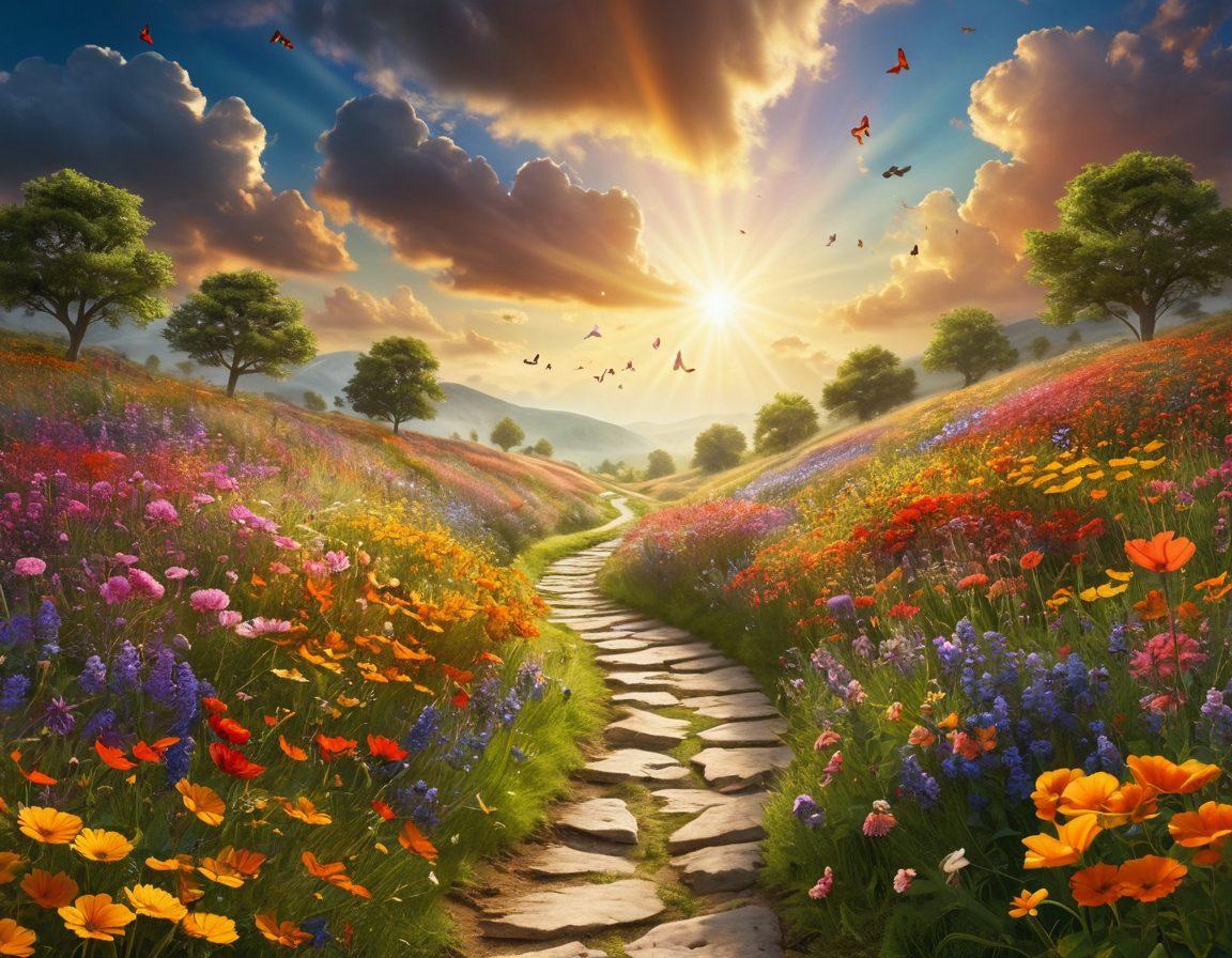 A vibrant landscape showing a winding path from a gloomy area filled with clouds to a sunny, radiant meadow full of colorful flowers and butterflies. Along the path, silhouettes of people smiling and celebrating their journey towards joy, illuminated by soft rays of sunlight. The visual metaphor of transformation should be emphasized through bright colors and uplifting elements. super-realistic. vibrant colors. 3D.