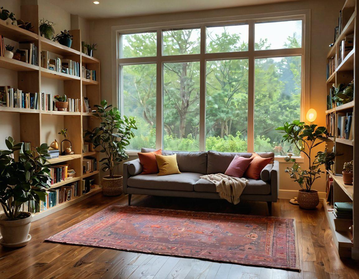A warm and inviting scene featuring a cozy living room with soft lighting, a cup of herbal tea, and a person practicing mindfulness through yoga. Include elements like a soothing nature view through the window, colorful plants, and wellness books on a shelf, all exuding a sense of comfort and serenity. The overall atmosphere should inspire feelings of happiness and tranquility. super-realistic. vibrant colors. soft focus.